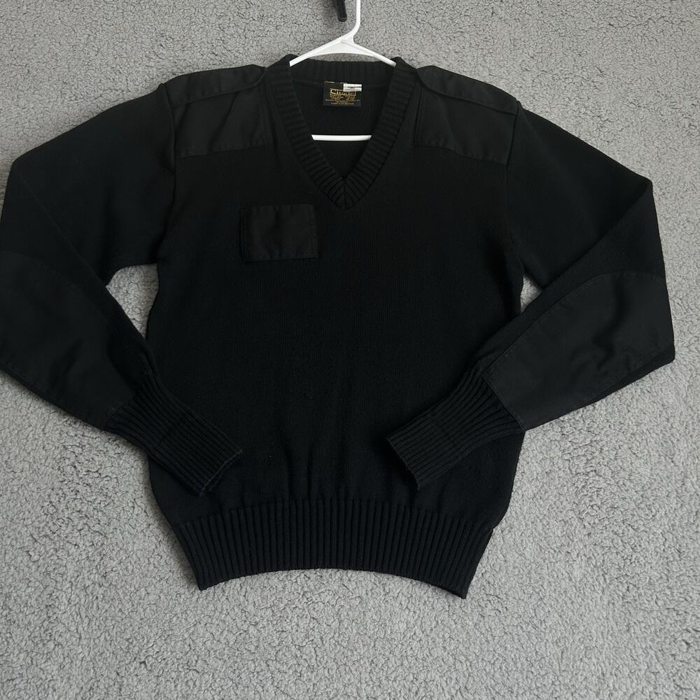 Vtg Citadel Sweater Mens L Black AB-458 Military Elbow Shoulder Patches V Neck
